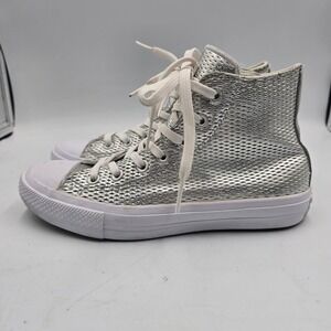 Converse Sneaker Womens 8 Chuck Taylor II Silver Woven Leather 555798C EUC Shiny